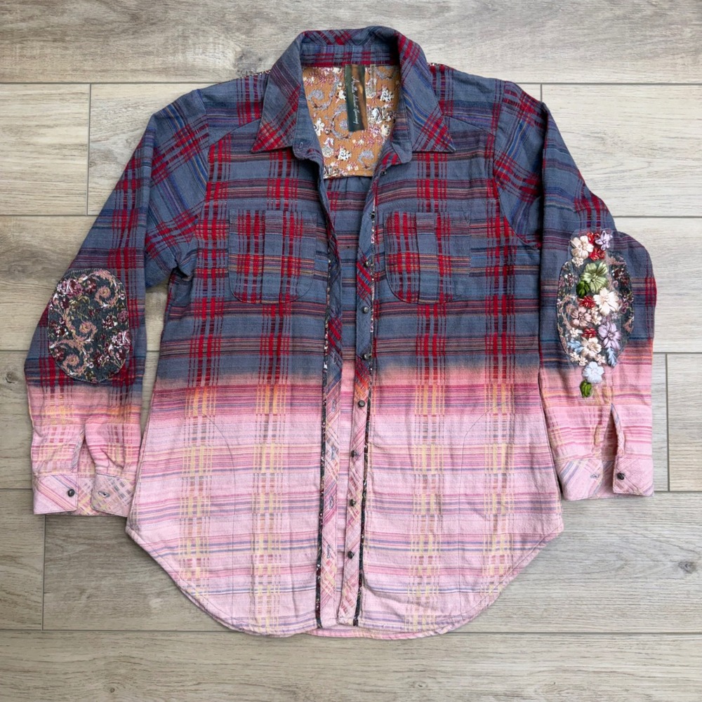Aratta Silent‎ Journey Flannel Shirt Jacket Patched Boho Grunge Ombre Bohemian